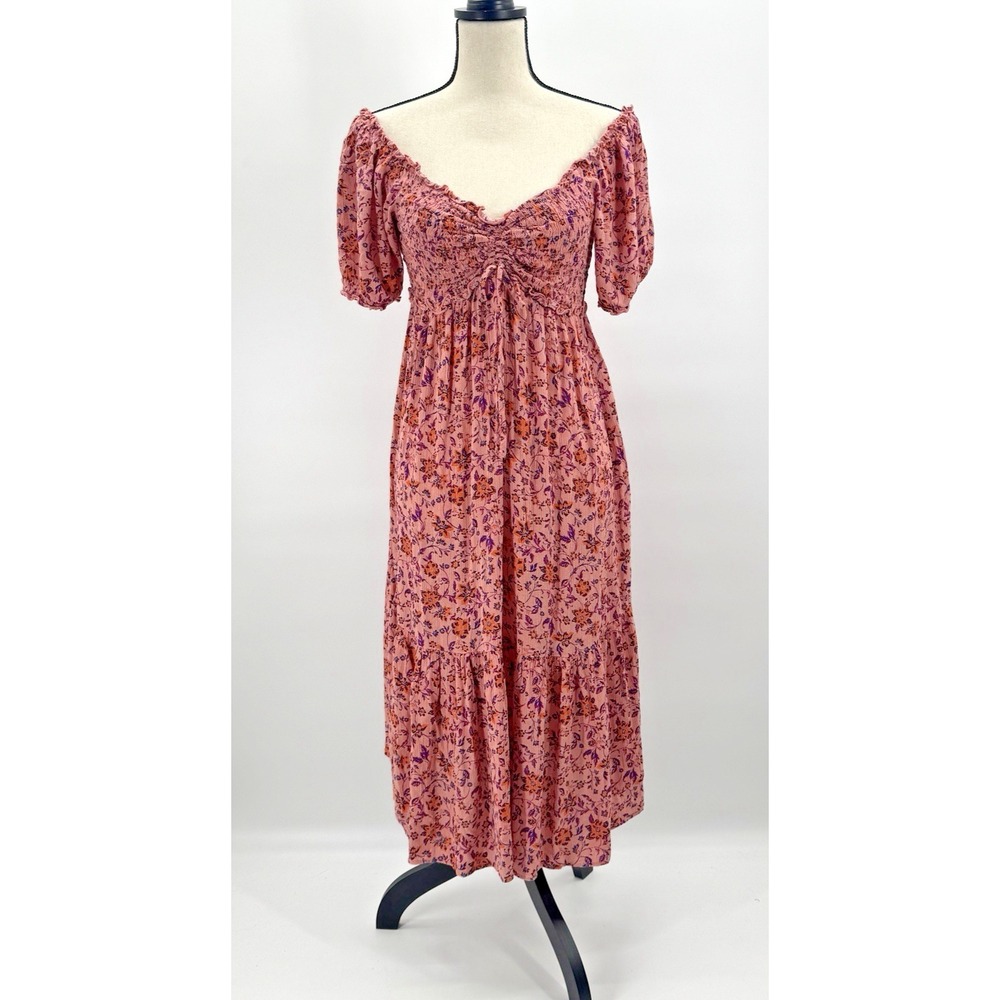 Easel Floral Babydoll Tiered Smocked Midi Dress Medium Ruched Cottagecore Boho